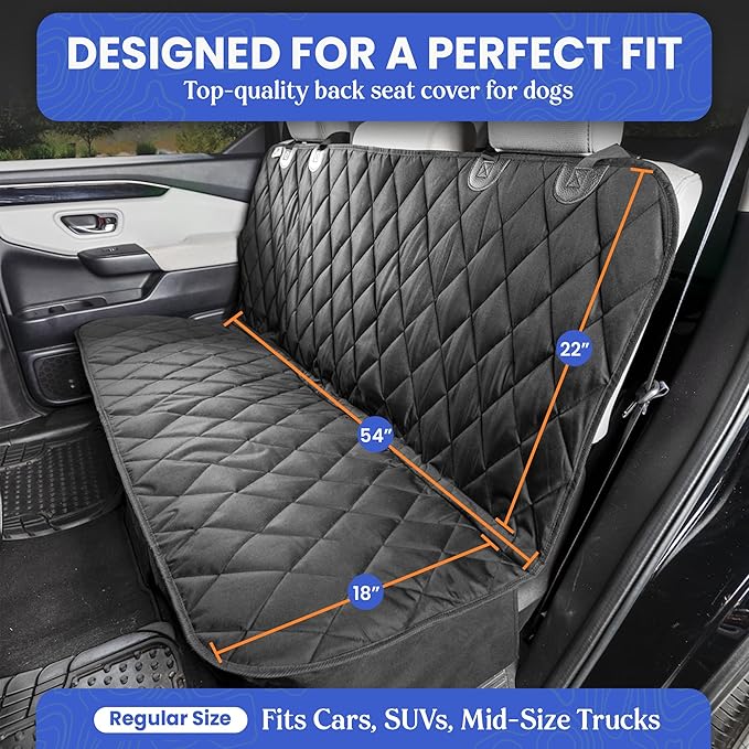 4Knines Back Seat Pet Cover for Dogs w/o Hammock – 54" Wide, Waterproof Car Seat Cover, Non-Slip, Heavy-Duty – Fits Cars, SUVs, Small Trucks – 2 Seat Belt & Latch Access – Back Seat Protector (Black)