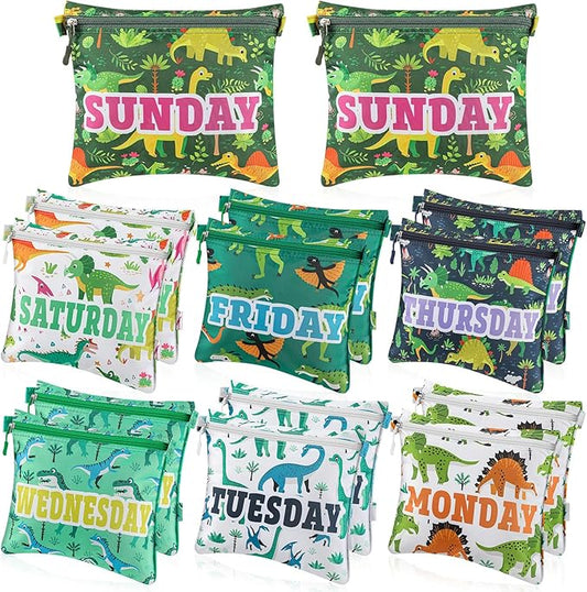 Paterr 14 Pcs Packing Cubes for Travel Kids Day of Week Compression Packing Bags Colorful Luggage Suitcase Organizers Bag for Travel (Dinosaur)