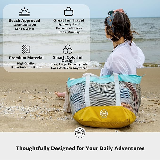 STOVER Large Mesh Beach Bag, Vacation, Pool, Shopping, & Travel Tote - Foldable w/Storage Pockets for Women, Men & Families