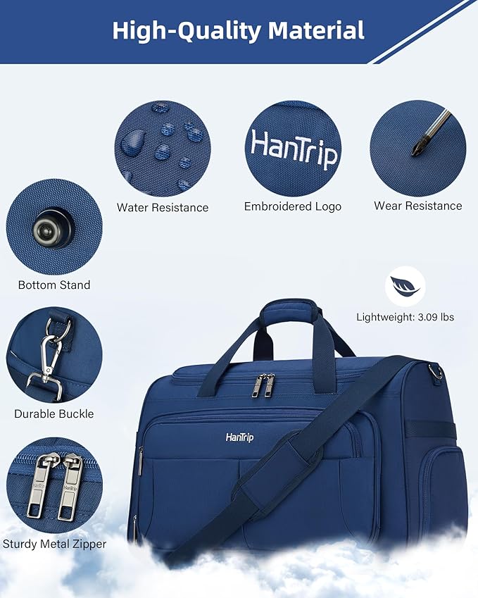 HanTrip Carry on Duffel Bag Foldable Duffle Bags for Travel, Large Personal Item Bags for Airplanes, Weekender Overnight Mens Travel Tote Bag for Women Softside Carry on Luggage (Blue)