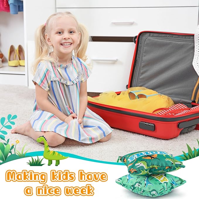 Paterr 7 Pcs Packing Cubes for Travel Kids Day of Week Compression Packing Bags Colorful Luggage Suitcase Organizers Bag for Travel (Dinosaur)