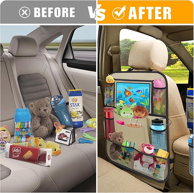 Car Backseat Organizer with 11" Table Holder, 10 Storage Pockets Seat Back Protectors Kick Mats for Kids Toddlers, Travel Accessories, 2 Pack, Beige