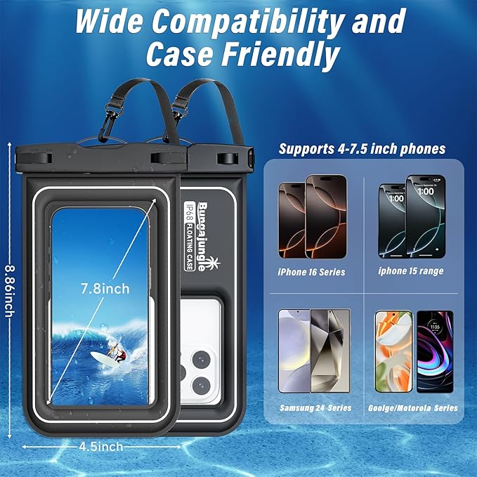Waterproof Phone Pouch - 2 Pack IP68 Floating Waterproof Phone Case, Dry Bag Beach Cruise Essentials with Adjustable Lanyard for iPhone 16 Pro Max / 15 Pro / Galaxy S24 S23 (Black and Black)