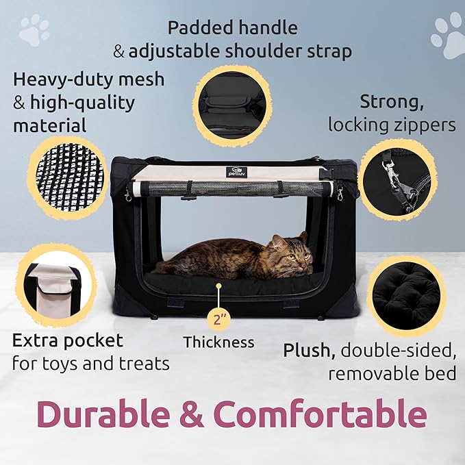 Cat & Dog Pet Carrier, Soft-Sided, Medium 20"x13"x13" Fits Most Cats or Small Dog, Comfortable for Travel & Vet Visits, Privacy Windows, Removable Plush Bed, Locking Zippers, Folds Flat