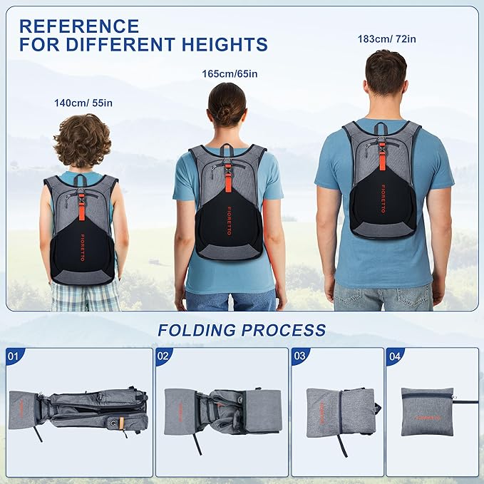 FIORETTO 15L Hiking Backpack for Women Men Mini Packable Backpack Lightweight Small Daypack for Camping Travel Outdoor, Grey and Black