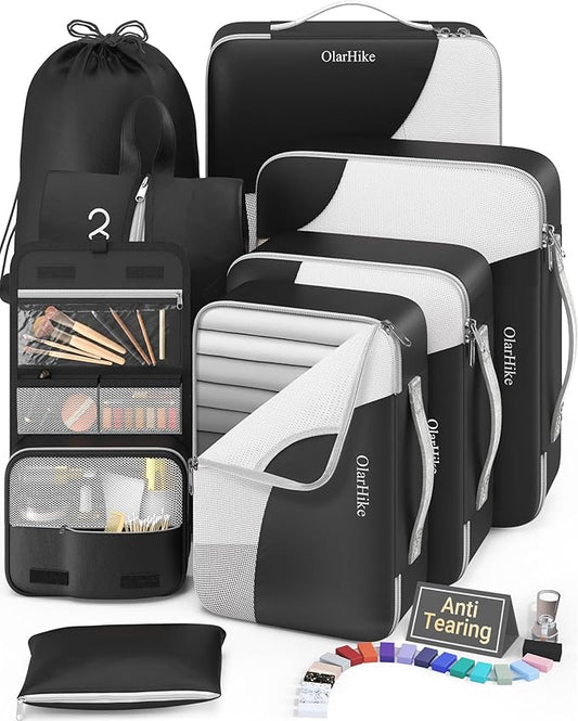 8 Set Packing Cubes for Travel, Gifts for Men,Anti-Tearing Suitcase Organizer for Luggage with Shoe & Hanging Toiletry Bag, OlarHike Vacation Accessories for Cruise, Travel Essentials for Men, Black