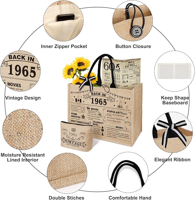 YeohJoy 60th Birthday Gifts for Women Jute Tote Bag, Vintage 1965 Burlap Bag with Cosmetic Bag and Back in 1965 Poster, Unique 60 Years Old Gifts for Mom Friends Wife Sister Her