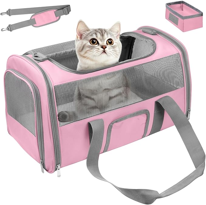 Soft - Sided Pet Carrier for Cats and Small Dogs, Airline - Approved, Pink Travel Tote with Mesh Windows, Foldable Bowl, Shoulder Strap, Oeko - TEX Certified