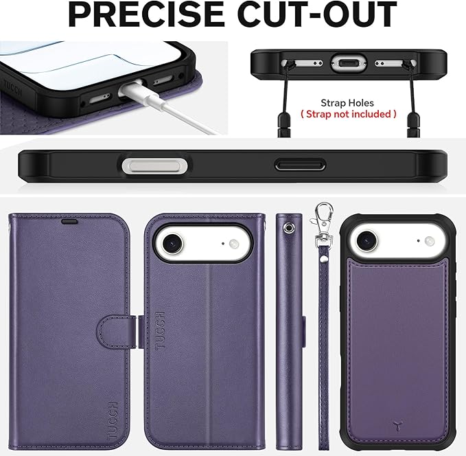 TUCCH 2-in-1 Removable Wallet Case for iPhone Air (6.5-inch) 2025, Wireless Charging | RFID Blocking 4 Card Holders | Wrist Strap | Kickstand | Magnetic | PU Leather Protective Cover | Deep Purple