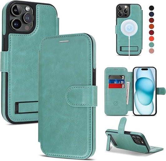 CIVICASE for iPhone 13 Pro Wallet Case with Stand,PU Leather Flip Credit Card Holder Slots (RFID Blocking),Compatible with Magsafe Magnetic Holder Phone Cover Women Men,Green