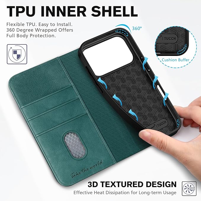 TUCCH Wallet Case for iPhone 17 Pro (6.3-Inch) 2025, 3 Credit Card Slot | RFID Blocking | Stand | PU Leather | Shockproof TPU Interior Shell | Protective Flip Folio Cover | Teal Blue