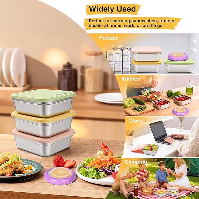 T-Raputa 3Pc Sandwich Containers and Fruit Storage Storage, 20oz 304 Stainless Steel Sandwich Box with Lids, Reusable Metal Meal Prep Lunch Boxes, BPA-Free, Food Storage Containers for Snacks & Fruits