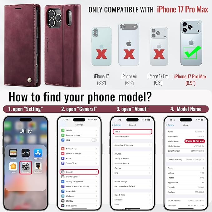 PlusnapX Wallet Case for iPhone 17 Pro Max Compatible with Magsafe, 2-IN-1 PU Leather Flip RFID Blocking Card Holder Stand Shockproof Magnetic Detachable Case for iPhone 17 Pro Max Case 6.9", Burgundy