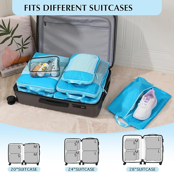 Lightweight Compression Packing Cubes for Suitcases, Compressible Expandable Travel Packing Organizer with Clear Toiletries and Backpack Bag, Travel Essentials for Carry on Luggage 7 Set