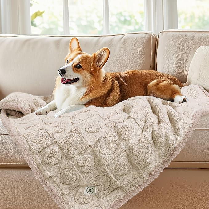 Luciphia Waterproof Dog Blanket for Small Medium Dogs Washable Couch Protector Soft Fluffy 3D Heart Jacquard Puppy Cat Blanket with Sherpa Fleece Cozy Calming Throw Blankets, Beige 57x40 inch