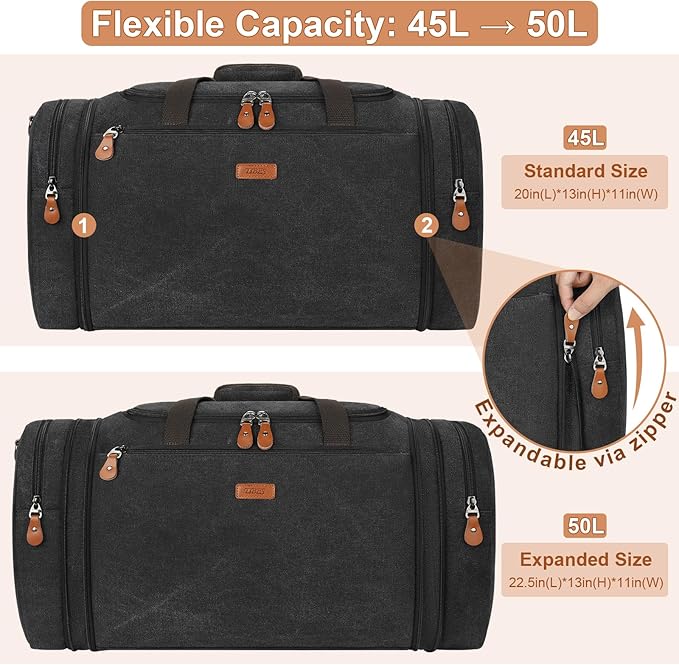Canvas Mens Duffle Bag for Travel - Expandable 50L Weekender Bags with Toiletry Bag, Overnight Bag Travel Duffel Carry On Luggage with Removable Shoulder Strap, Durable & Water-Resistant