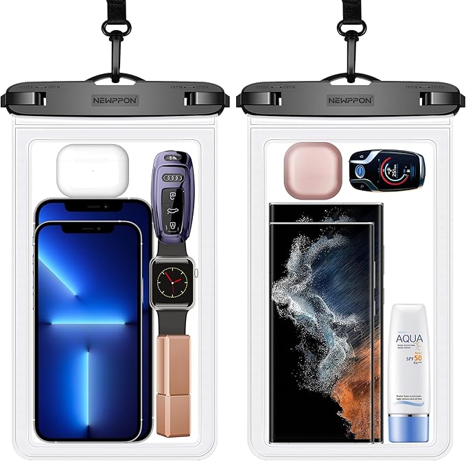 Large Waterproof Phone Pouch : 2 Pack Water-Resistant Clear Cellphone Holder - Universal Underwater Dry Bag Case with Neck Lanyard for iPhone Samsung Galaxy for Beach Swimming Pool
