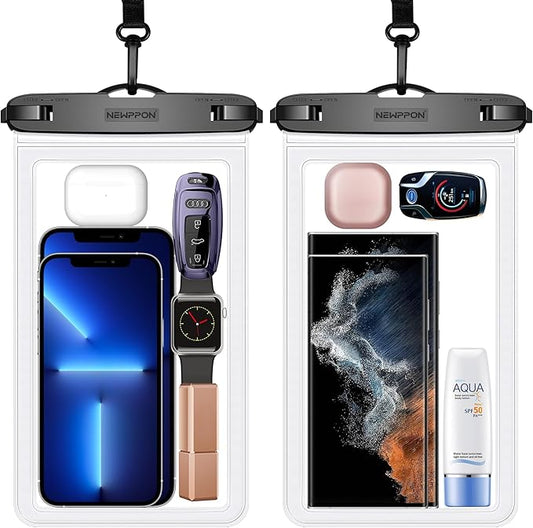 Large Waterproof Phone Pouch : 2 Pack Water-Resistant Clear Cellphone Holder - Universal Underwater Dry Bag Case with Neck Lanyard for iPhone Samsung Galaxy for Beach Swimming Pool