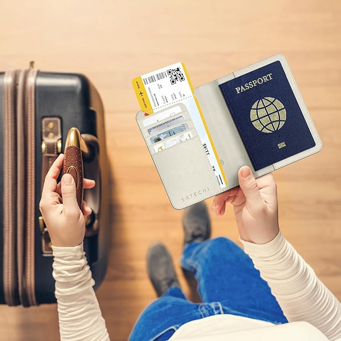 Satechi Passport Holder for Travel with Find My, Passport Cover with 4 Card Holder, Wireless Charging, and RFID protection – Travel Essential Vegan Leather Passport– Sand