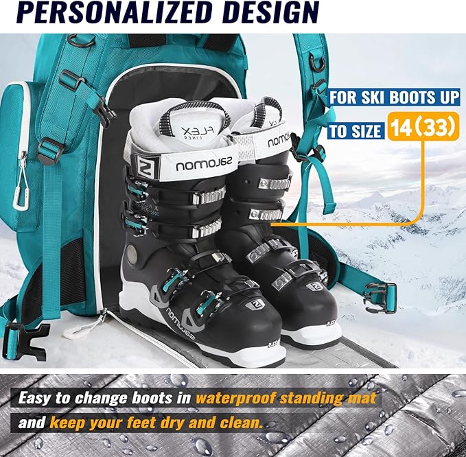 Ski Boot Bag, 65L Durable Travel Backpack, 1680D Nylon Waterproof Snowboard Boot Bag, Skiing and Snowboarding Travel Luggage for Helmet, Goggles, Gloves, Outerwear & Accessories