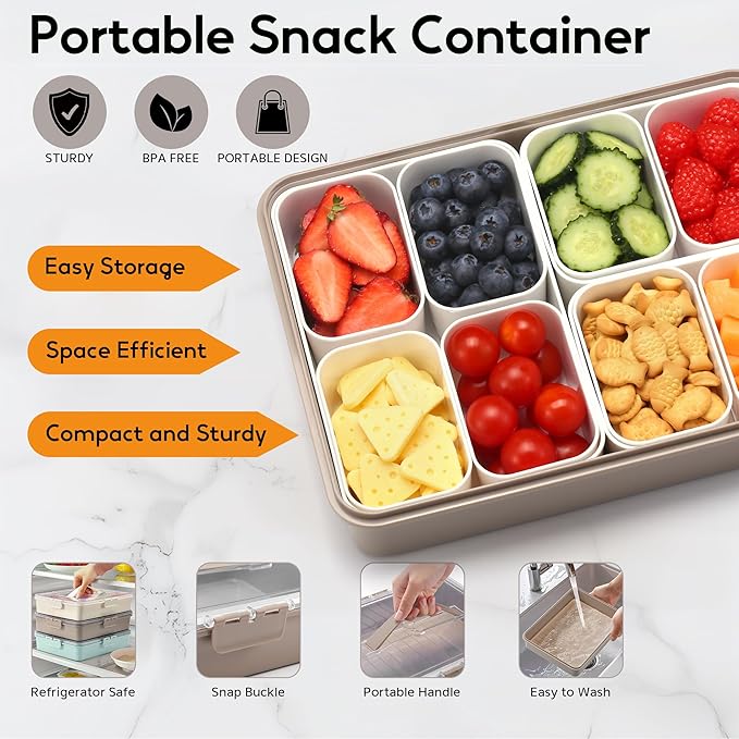 Snackle Box Container for Adults, 11 in 1 Divided Serving Tray Snack Box Containers with Stackable Compartment and Handle, Customizable Charcuterie Boxes Portable Snack Platter for Party Travel, Brown