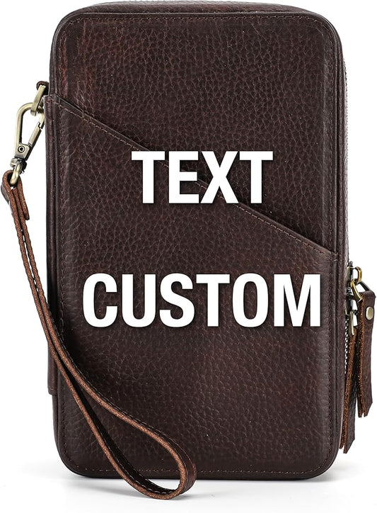 Top Grain Leather Text Custom Electronic Organizer Zipper Bag Tech Pouch, Handmade, Portable Compact Travel Storage Cases for Phone, USB Cables, Power Banks, Chargers, Hard Drive