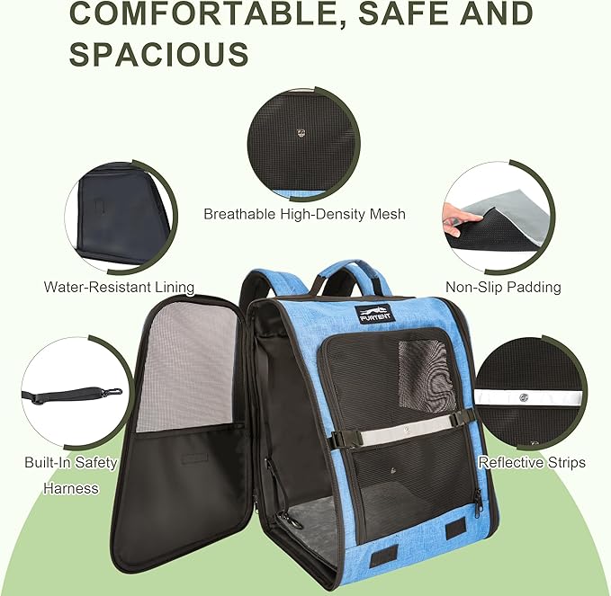 Cat Backpack Carrier with Ventilation Mesh and Safety Leash, Lightweight Dog Travel Backpack with Pockets, Reflective Strip, and Removable Mat,Hiking and Outdoor Use,Blue