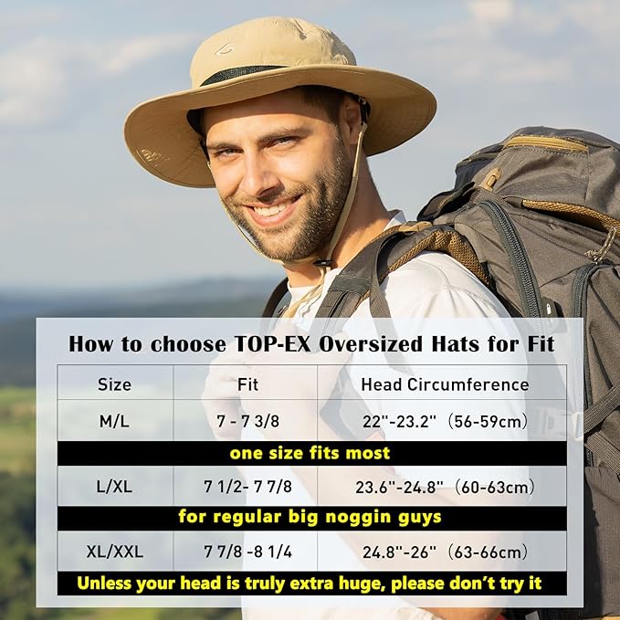 Oversized XL XXL Waterproof Sun Hat for Big Heads Mesh Bucket Hat Wide Brim Adjustable Packable Hiking Beach Fishing