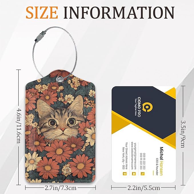 Flower Cat 3 Pack Luggage Tag for Suitcase, Unique Leather Travel Tags Identifiers with Privacy Name Address Labels & Durable Steel Loop for Women Men Travel