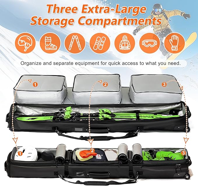 Wheeled Ski Bag for Air Travel - Extendable 155-185CM Waterproof Padded Rolling Snowboard Bag for Double Skis, Boots, Helmet & Ski Gear