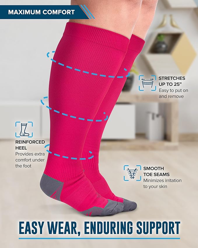 Doctor's Select 3 Pairs Plus Size Compression Socks Wide Calf - Up to 6XL | 20-30 mmHg Compression Socks for Women Wide Calf Pink, Purple, Blue