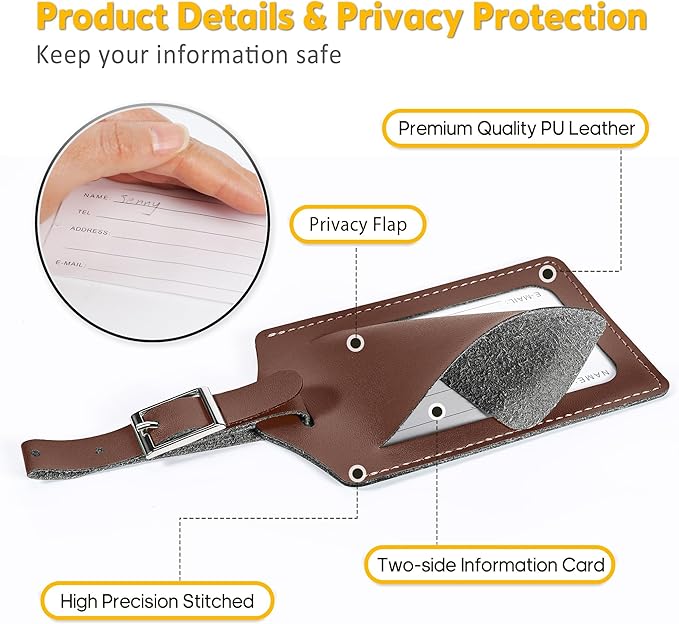 Travelambo 8 Pack Luggage Tags Faux Leather for Suitcases Travel Bag Labels Travel Accessories Essential with Protection Cover ID (Brown)