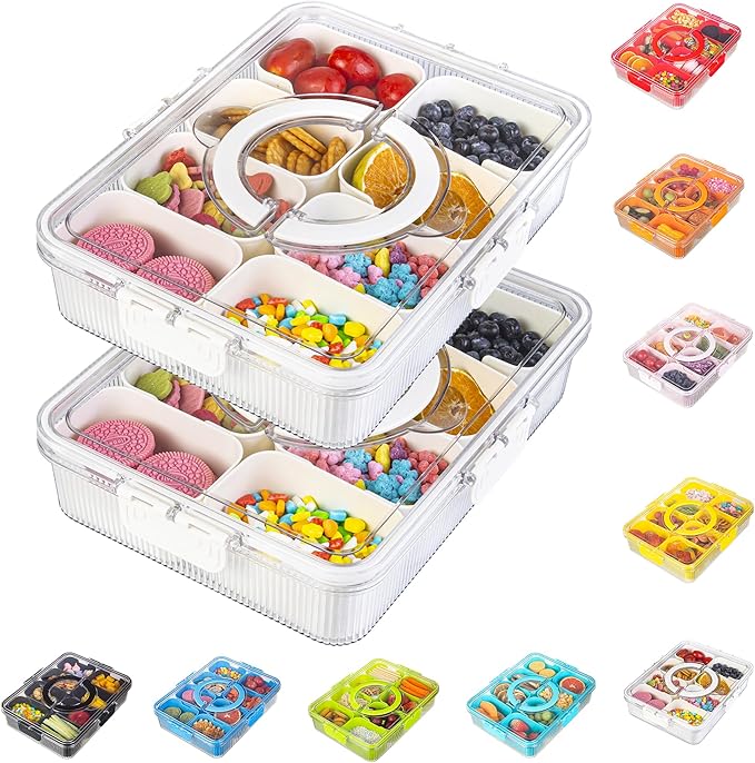 Patent Design Ribbed Snackle Box Container Snack Container Divided Serving Tray with Lid and Handle, 8 Divider Portable Snacklebox for Travel Beach for Charcuterie Veggie Fruit 2 Pack
