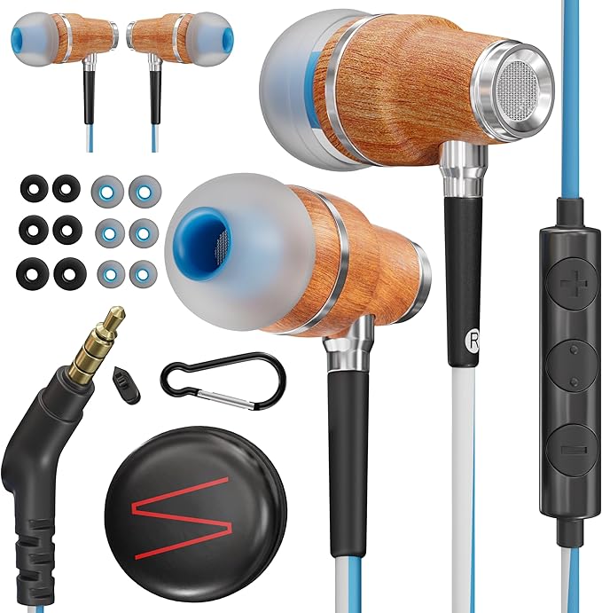 Symphonized NRG 3.0 Wired Earbuds with Microphone, Wooden Phone & Laptop Headphones, 90% Noise Cancelling Corded Earphones with 3.5mm Jack (Blue)
