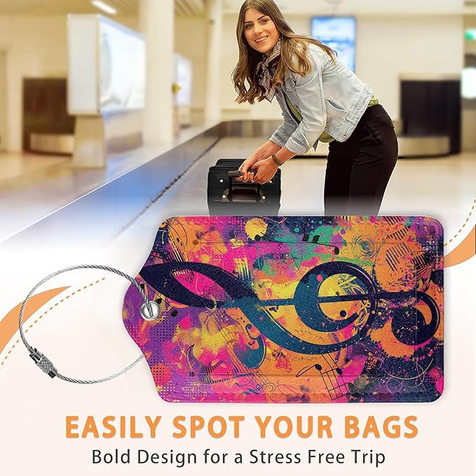 Retro Neon Treble Clef Pop Art PU Leather Luggage Tags for Suitcase, Travel Cruise 3 Pack with Privacy Flap, Name ID Label and Metal Loop for Women Men Girls Baggage Bag Backpack