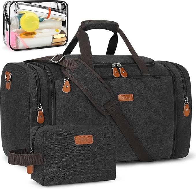 Canvas Mens Duffle Bag for Travel - Expandable 50L Weekender Bags with Toiletry Bag, Overnight Bag Travel Duffel Carry On Luggage with Removable Shoulder Strap, Durable & Water-Resistant