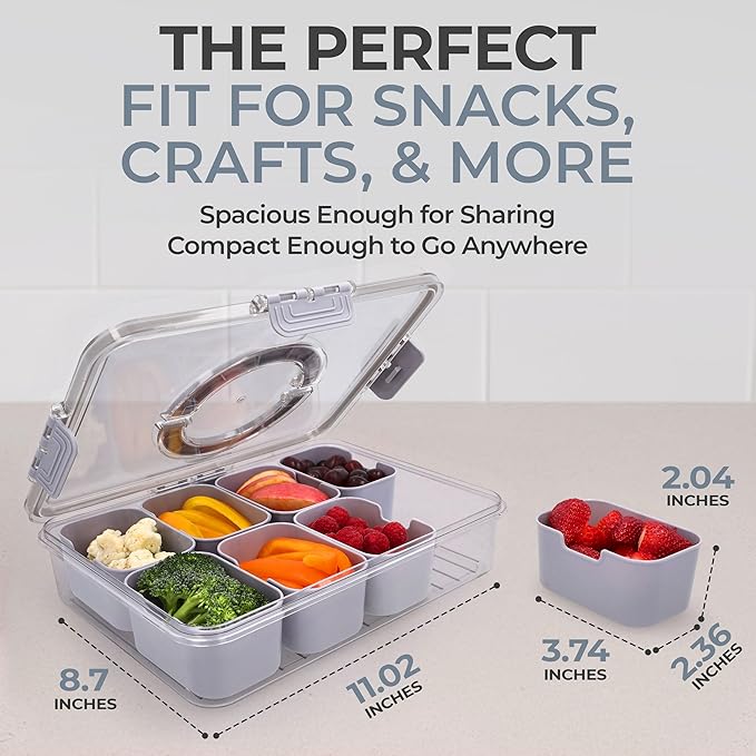 Snackle Box Container with Lid- Travel Charcuterie Box with Handle - Organizer for Candy, Fruit, Nuts, Veggies, Snacks, Beach Essentials, Portable Lunch Box (Grey, Large)