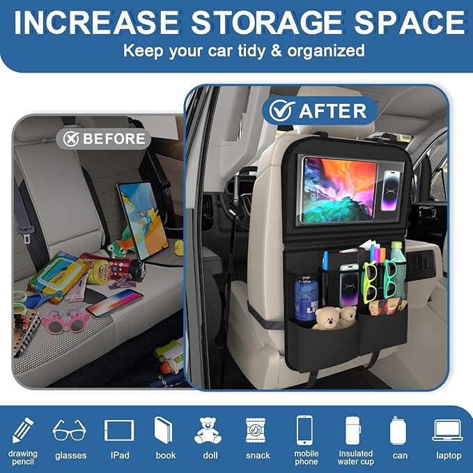 2 Pack Backseat Car Organizer with Tray, 11 Pocket Car Storage with Tablet Holder & Detachable Top for Steering Wheel, Road Trip Essentials Travel, Protector Kick Mats for Kids