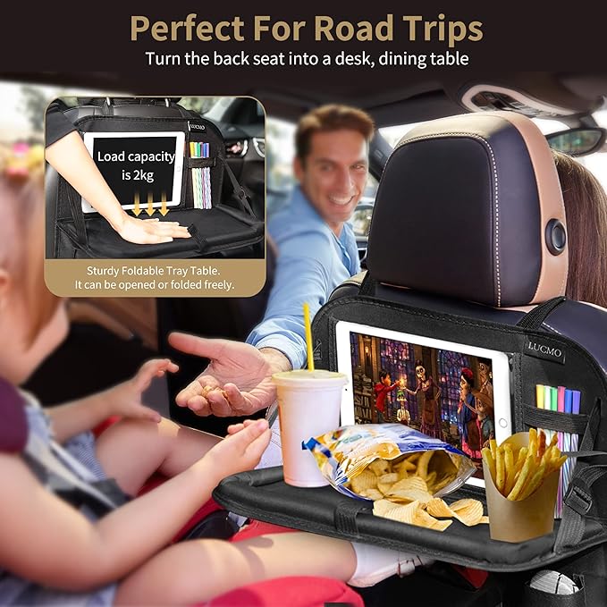 LUCMO Car Backseat Organizer with Touch Screen Tablet Holder,9 Storage Pockets Storage Organizer,Protectors Kick Mats Travel Accessories (Black, 2 Pack with Food Tray)