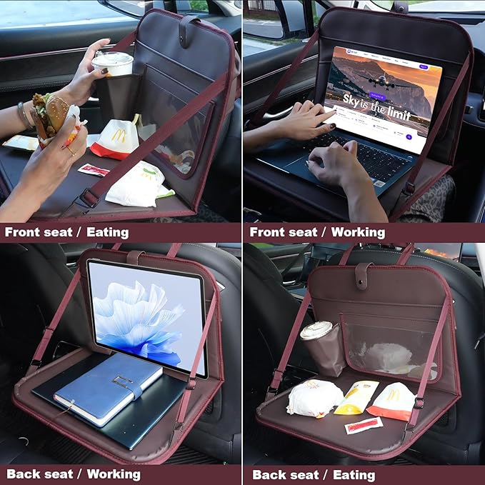 GMQ Backseat Car Organizer with Detachable Steering Wheel Tray 1 Pack,Car Back Seat Laptop Desk, Multifunctional Office Bag,Back Seat Car Storage & Tablet Holder for Kids (Coffee Brown)