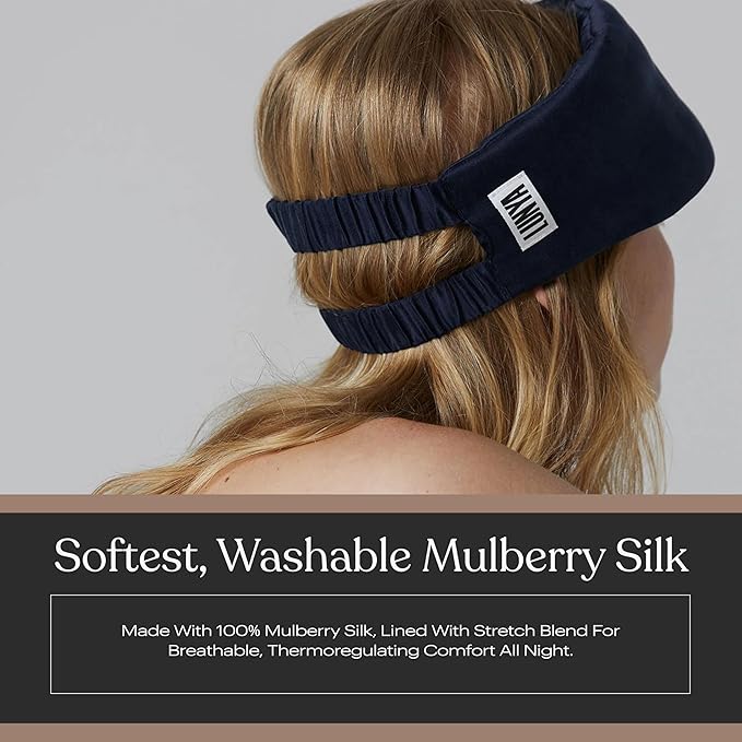 Lunya Weighted Silk Sleep Mask – Mulberry Silk Eye Cover with Cooling Glass Beads, Noise-Reducing Fit, Washable Fabric, and Travel Pouch – Sleeping Mask for Men and Women - Deep Blue - Small