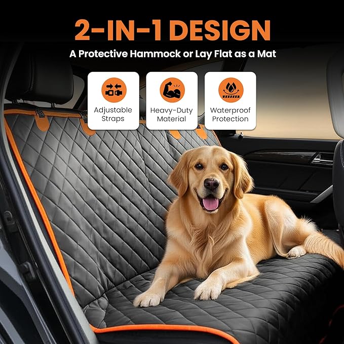 Dog Car Seat Cover for Back Seat, Hard Bottom Non Slip 600D Oxford Pet Hammock with seat Extender, Scratch & Water Resistant Backseat Cover for Dogs in Cars, SUVs & Trucks