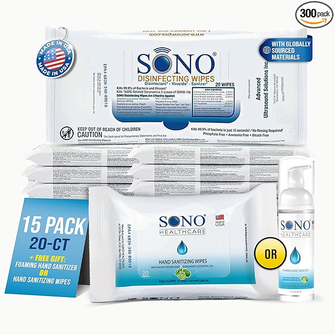 SONO Disinfecting Wipes - 300 Count (Pack of 15) + Travel-Size Alcohol-Free Sanitizer - Medical-Grade, No Bleach, Multi-Surface Cleaning for School, Office, and On-the-Go Germ Protection