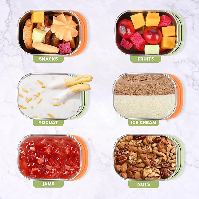 Stainless Steel Snack Containers for Kids & Salad Dressing Containers Sets | Easy Open Small Food Containers with Silicone Lids – Perfect Metal Lunch Box Containers for Daycare and School