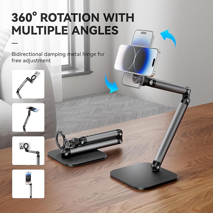 Phone Holder for Desk, with Magnetic Design, Tablet Stand for iPad, with Heavy Duty Metal Base, Desktop Stand Holder with 360° Rotation, Height & Angle Adjustable, for Video Calls, Vlog Recording