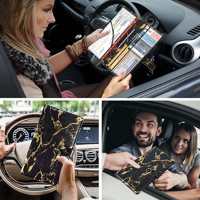 DMLuna Car Registration and Insurance Holder, Leather Vehicle Card Document Glove Box Organizer, Auto Truck Compartment Accessories for Essential Information, Driver License Cards, Black/Gold Marble