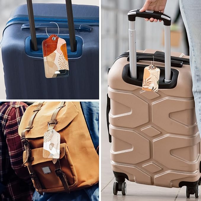 Rimilak 3 Pcs PU Leather Luggage Tags for Suitcase, Travel Cruise Luggage Tag with Privacy Flap, Name ID Label and Metal Loop for Women Men Baggage Handbag School Bag Backpack, Modern Abstract Art