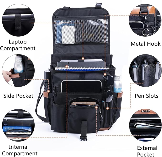 Car Seat Organizer with Lid and Laptop Compartment (Fits 15.6"), Front Seat Passenger Organizer with Adjustable Strap, Multiple Pockets, Portable Office Bag, Water-Resistant 1200D Polyester