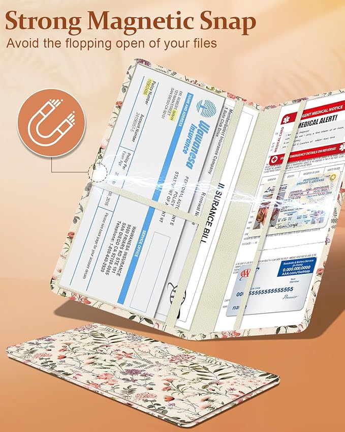 Slohif Car Registration and Insurance Holder - Floral Vehicle Glove Box Organizer Women with Magnetic Shut Leather Automobile License Holders Coasters Auto Accessories Case for Document