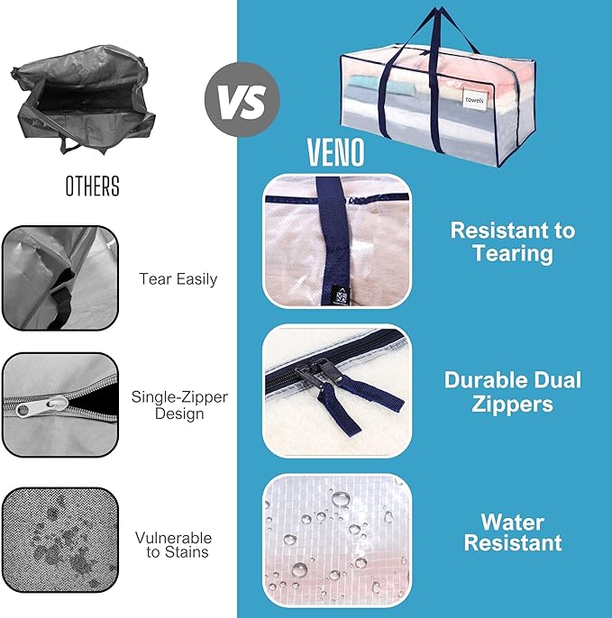 VENO 10 Pack Moving Bags Plastic Storage Totes Clothes Organization Large W Lid/Zipper. Packing Boxes/Bins Alternative. Space Saving Foldable College Supplies Essentials (Clear, 10 Pack)